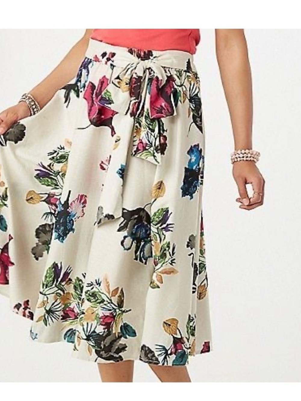 Roz & Ali Cream Floral Tie-Waist Midi Skirt